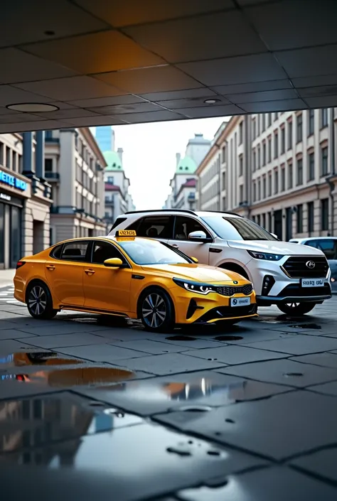 Kia Optima yellow from under a taxi should move next to the second car chery tiggo 7pro, which is white without pasting. Against the backdrop of St. Petersburg