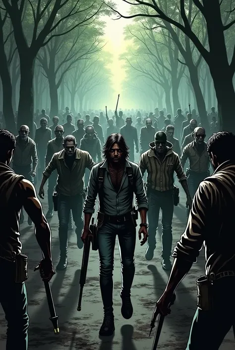 Suddenly, a horde of zombies appears between the trees. The survivors prepare to fight. A drawing similar to the walking dead comic