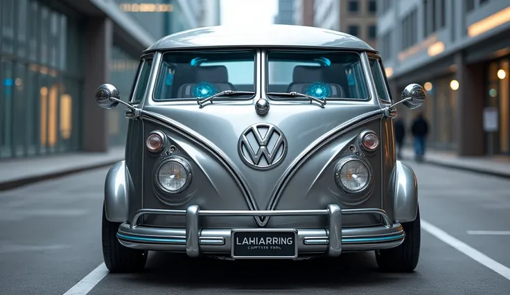 Create a realistic image of a Volkswagen Kombi styled like the DeLorean from Back to the Future. The Kombi should have a sleek, metallic silver finish with futuristic details such as stainless steel panels, glowing blue lights, and exposed flux capacitor e...