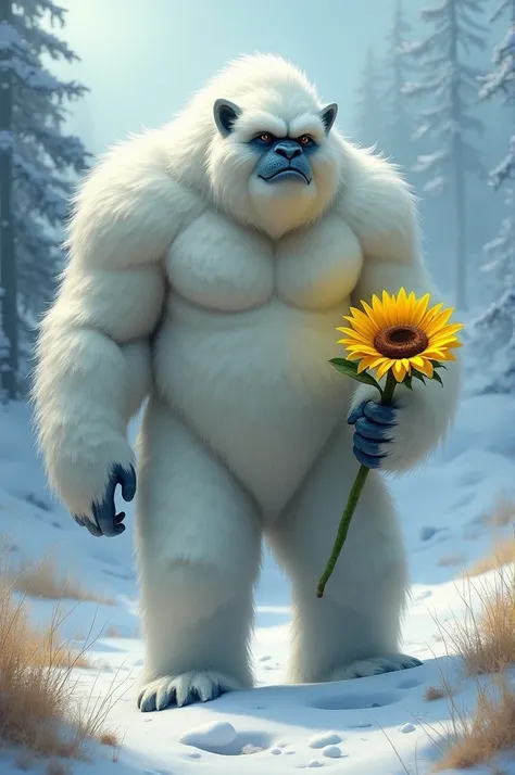 Yeti holding a sunflower 