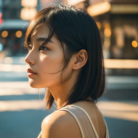 A hyper-realistic image of a single Japanese woman in her early 20s, captured from the shoulders up with the nostalgic warmth and subtle graininess of a film camera. She stands against the backdrop of a bustling city street, where soft, diffused natural li...