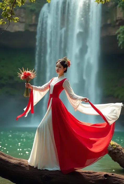 Photoshot of a beautiful woman wearing a red and white dress and a long cloth on her shoulders wearing mah kota while dancing on a fallen tree and under a beautiful waterfall . While carrying flowers