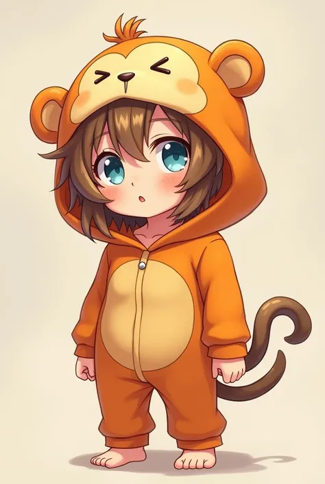 Create a boy with long, light brown hair, very clear, orange monkey hood, blue colored eyes, through the clear, she wears monkey pajamas, anime styling