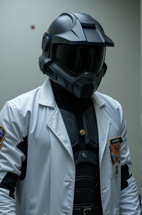 Show me a person in a lab coat with a black master, chief pellet and black body armor under the lab coat put a black helmet on him make the helmet look like master chiefs