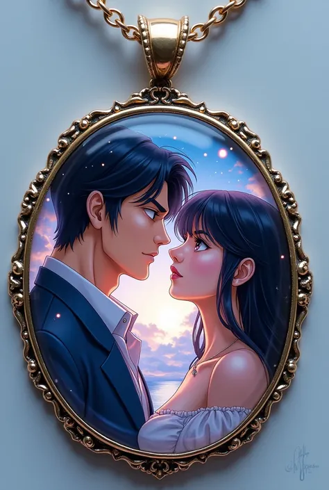 a pendant with a picture of a man and a black-haired woman, the two people anime version