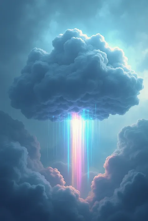 Man like shape clouds grey, blue in color changing its path to another dimension, meets another cloud, that emits beams of light like a prism
