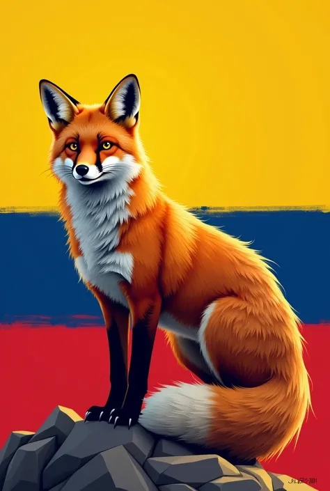 Fox with the flag of Colombia behind it, written fox Colombia 