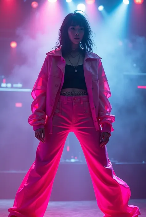 A Japanese rock singer in neon pink upturned pants
