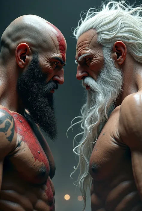  kratos from good of war fighting with zeus from good of war, that the face and a dark background can be seen 