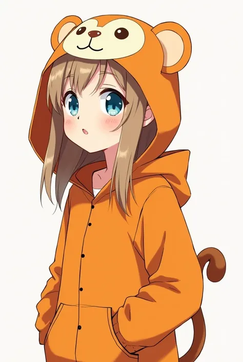 raise a boy, adolescent, with long, light brown hair, very clear, orange monkey hood, blue colored eyes, through the clear, she wears monkey pajamas, anime style for profile.