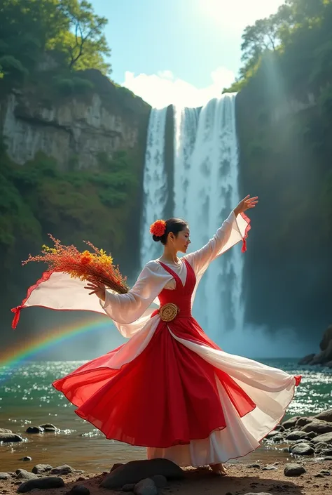 Photoshot of a beautiful woman wearing a red and white dress and a long cloth on her shoulders wearing mah kota dancing in a rock tower and a beautiful view and under a beautiful waterfall and a rainbow . While carrying flowers