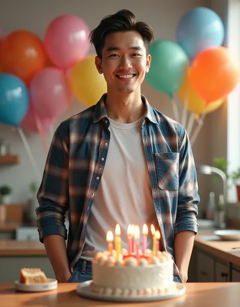 Realistic, Asian man 40 years very short brown hair, thin smile, wearing t-shirt and plaid shirt, blue jeans, , standing behind birthday cake, balloons on the background 