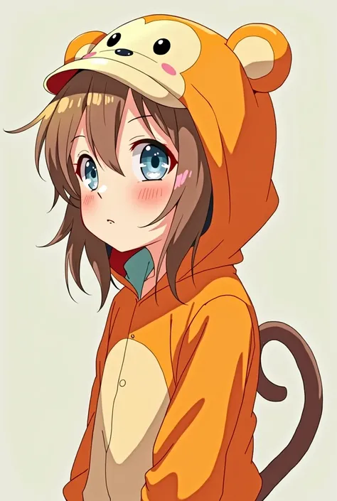 raise a boy, adolescent (masculine), with long, light brown hair, very clear, orange monkey hood, blue colored eyes, through the clear, she wears monkey pajamas, anime style for profile.