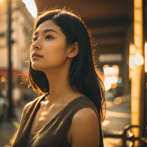 A hyper-realistic image of a single Japanese woman in her early 20s, captured from the shoulders up with the nostalgic warmth and subtle graininess of a film camera. She stands against the backdrop of a bustling city street, where soft, diffused natural li...