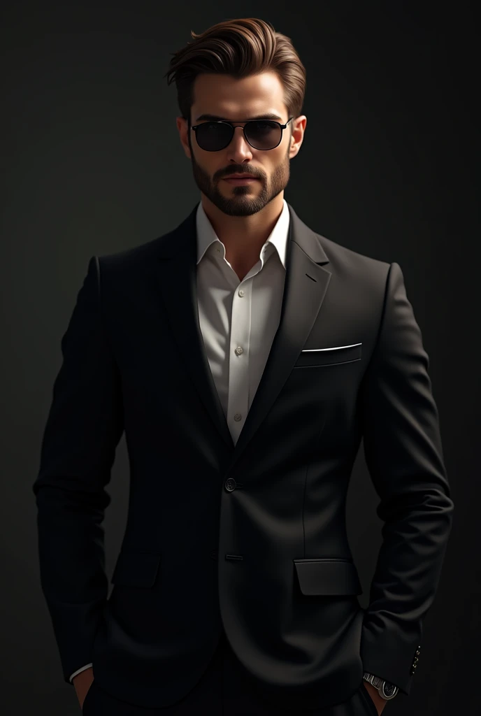 A sexy man wearing a black suit ,chestnut hair ,beard and glasses ,com o nome blackout 