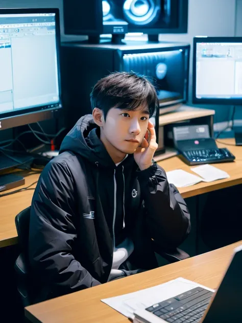 A Korean man wearing an anonymous jacket sits on a desk doing coding work in front of a computer full of coding.