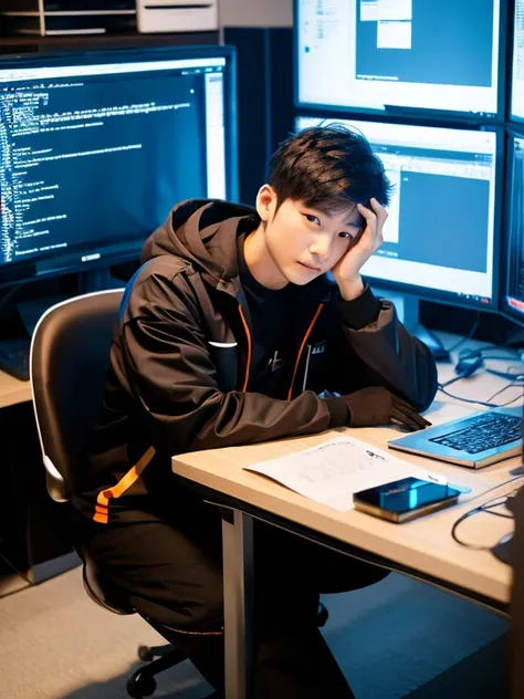 A Korean man wearing an anonymous jacket sits on a desk doing coding work in front of a computer full of coding.