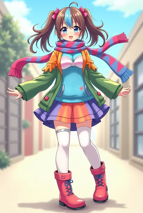 Make me an anime-style girl with a light blue and pink striped bra and panties, with a blue sweatshirt under a green jacket with orange and pink sleeves, with a purple and orange skirt, with a scarf blue and red color, with long white stockings, with paste...