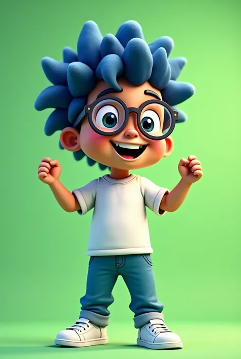 1 boy, blue hair, scientific glasses, smile, brown skin, White shirt, blue pants, White shoes, fictional pose for comic, green background