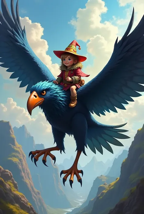 Gnome riding a giant raven DND style