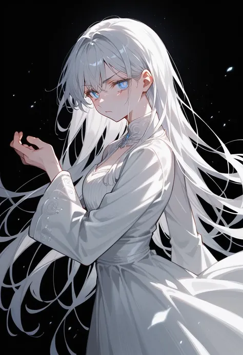 anime, masterpiece, ultra HD, detailed skin, detailed pupils, detailed hair, hand correct, anatomy correct, solo, long hair, blue eyes, long dress, 1girl, standing pose, stared, half body, semi close, white hair, grey hair, long hair, female focus, from fr...