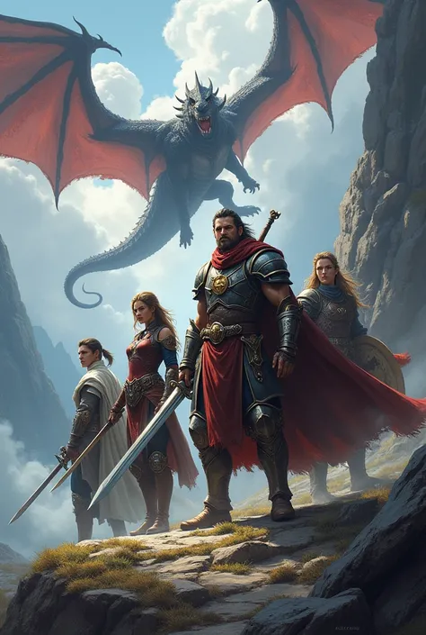 create a profile picture, with a group of rpg characters, A warrior, a file, A Magician, and paladin, with the master in front. and the dragon flying from the scene behind, with a name A&D A cts of Data