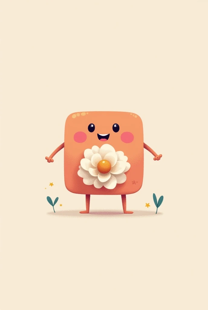 a flat square shaped character, with modulated edges, smiling with a flower in the middle