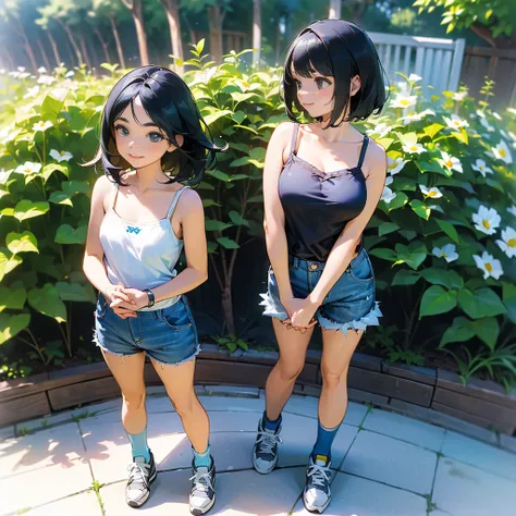 (high quality, High resolution, Very detailed, reality:1.37), Peaceful atmosphere, (Outdoor, garden), Teenage girl standing alone, (my breasts are big.), Beautiful details, Cute Smile, (Black bob hair), camisole, denim shorts, Blue socks, sneakers.