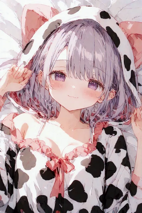 ((masterpiece、Highest quality))woman、Con、Small breasts、Cleavage、cute、Idol、Cow print pajamas、Wear a hood、Light purple hair、Half Twin Style、Purple Eye、Purple ribbon、Looks sleepy、smile、Red cheeks、Lie、Lying on your back、sexy