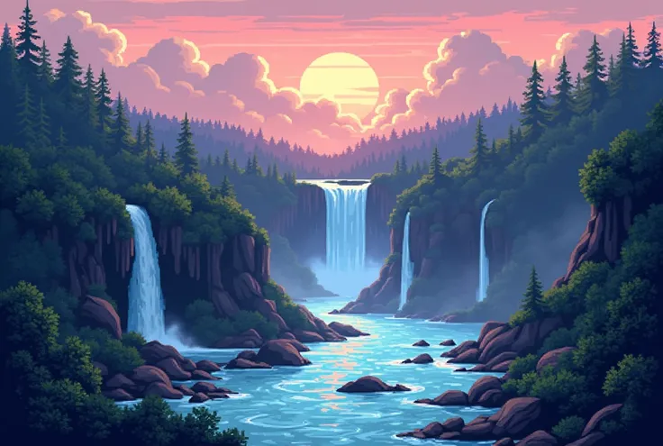 (Best Quality,4k:1.1),pixel art landscape,evening,3d pixel art,4k wallpaper, incredible pixel art details, pixel art, waterfalls and a big river. ,faded colors of sunset