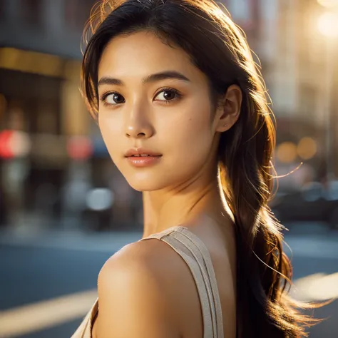 A hyper-realistic image of a single Japanese woman in her early 20s, captured from the shoulders up with the nostalgic warmth and subtle graininess of a film camera. She stands against the backdrop of a bustling city street, where soft, diffused natural li...