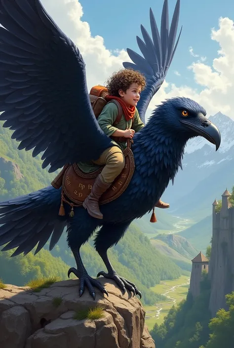 Hobbit riding a giant raven DND style