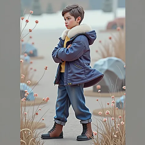 Boy in blue coat with white furry collar