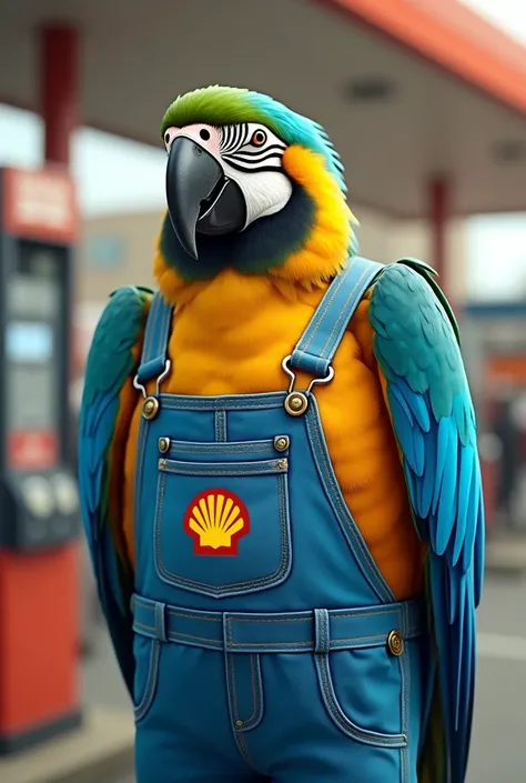 I want a parrot dressed in a blue beach romper that attends gas stations with the Shell seashell logo. The logo must also be visible on the overalls..
Realistic photo portrait