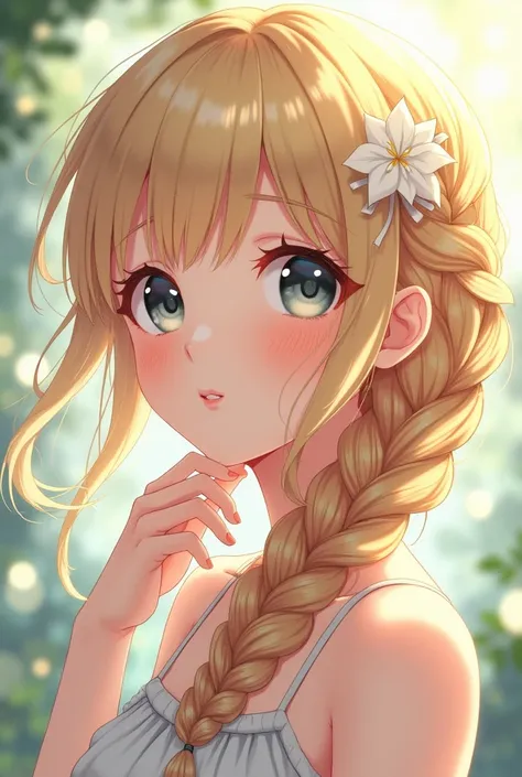 A cute anime girl with long, braided blonde hair and big, grey eyes.