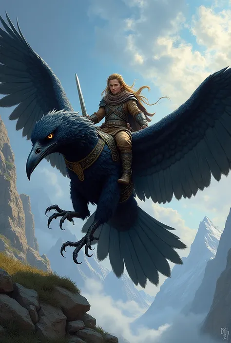 Hobbit warrior riding a giant raven DND style