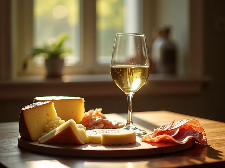 A glass of Riesling is accompanied by a selection of cheeses and charcuterie. The light is ample, creating a cozy atmosphere that makes you feel like you are there. This photo was taken by a professional photographer using a high-quality camera.    -