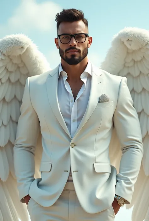 A muscular man wearing a white suit with white wings, sexy and tall ,with a deep look,naughty and sexy ,beard and glasses 