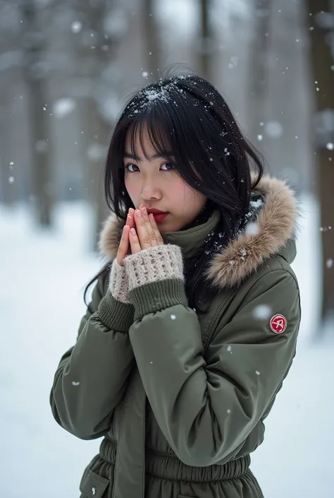 One who is not very beautiful.But she looks pretty cute.Height is about 165cm.Has shoulder-length black hair.Wearing nothing on the lower body.Standing in the snow in Park Square.But I feel a little afraid of the cold in the cold wind.So she put her hands ...