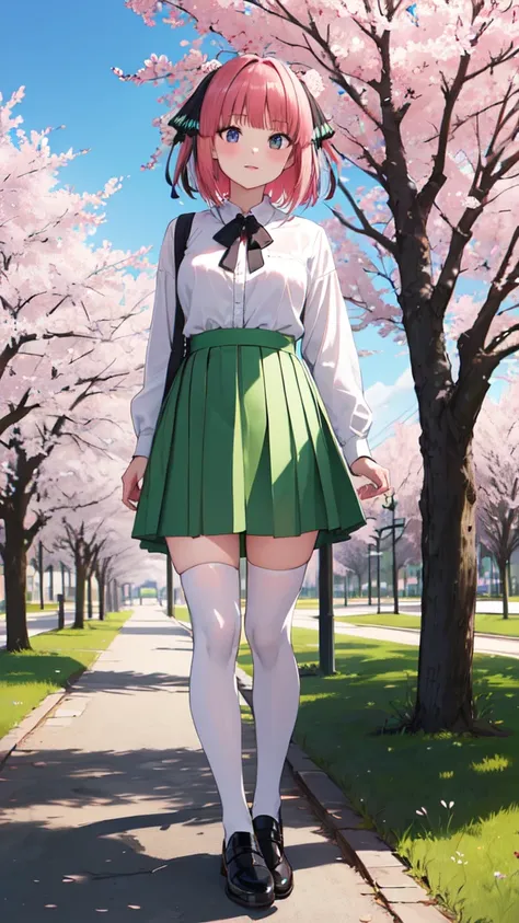 masterpiece, vibrant colours, best quality, detailed, highres, absurdres, score_9, score_8_up, score_7_up, aanino 1girl, hair ribbon, short hair, plated green skirt, white shirt, open clothes, white thighhighs, long sleeves, pink hair, Black Platform Shoe,...