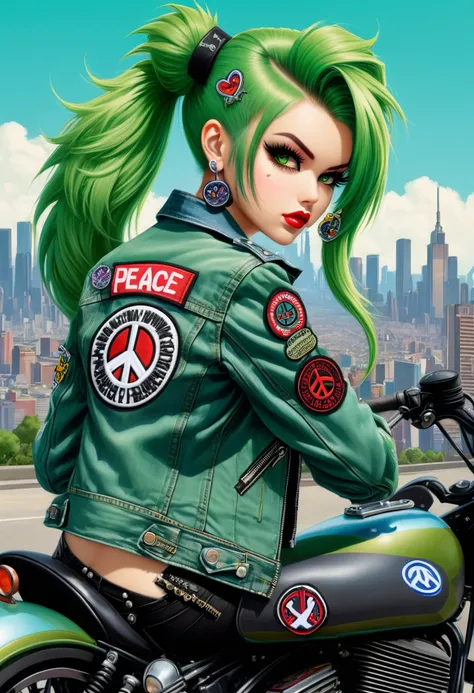 "A punk girl with green twin-tails, wearing a patched denim jacket adorned with multiple Love & Peace patches. She is sitting on a motorcycle, looking tough and ready to ride, with a cityscape in the background."