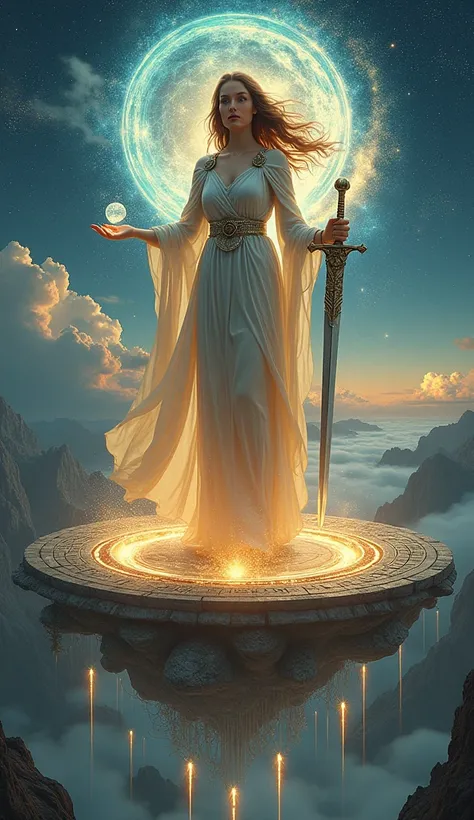 Create a stunning scene, photorrealistic, for The World card in the Primal Sorcerer Tarot. A powerful sorceress stands atop a circular stone platform suspended in the sky, surrounded by a swirling vortex of cosmic energy. She embodies strength and grace, a...