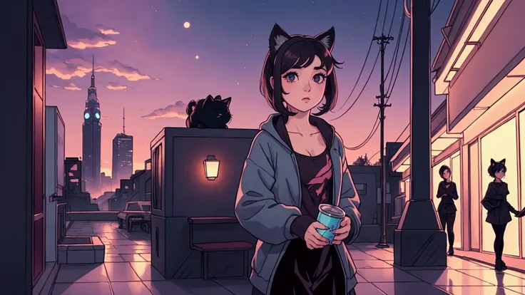 A girl with short black hair and cat ears, wearing dark clothes,with shiny hair with a relaxing atmosphere. night,
a square , soda, She is a little further away, with a view of her from the waist up, listening to music, and the detailed and vibrant colors,...