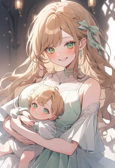 Woman with shoulder length wavy brown hair, side bangs, pale skin, freckles on cheeks and nose, soft green eyes and sweet smile, big boobies, white dress with soft details holding a baby with blonde hair and green eyes with freckles