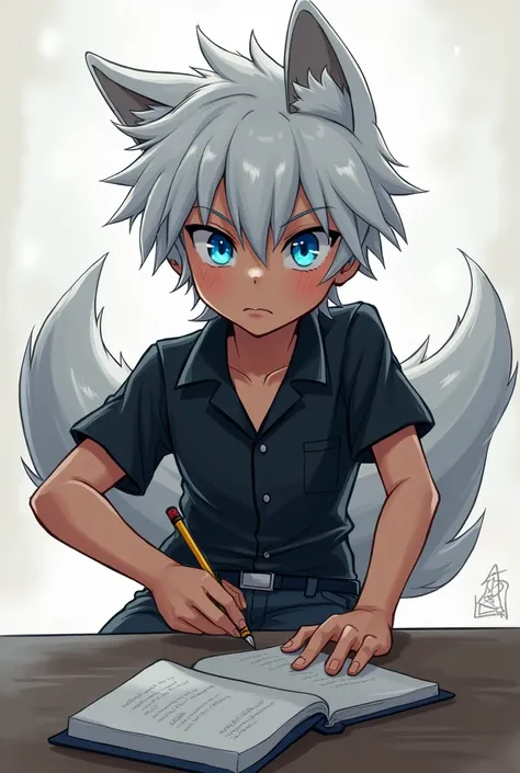 Aktoy, a boy with a wolf tail, blue eyes, wearing a fierce black shirt, grey pants, white hair, good test, act cool.