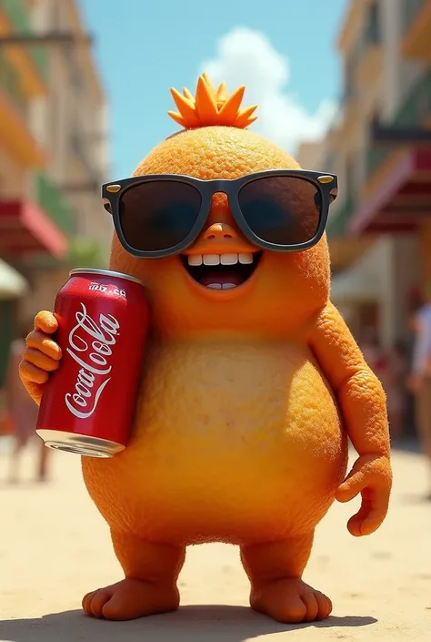 coxinha wearing sunglasses, holding a red soda can