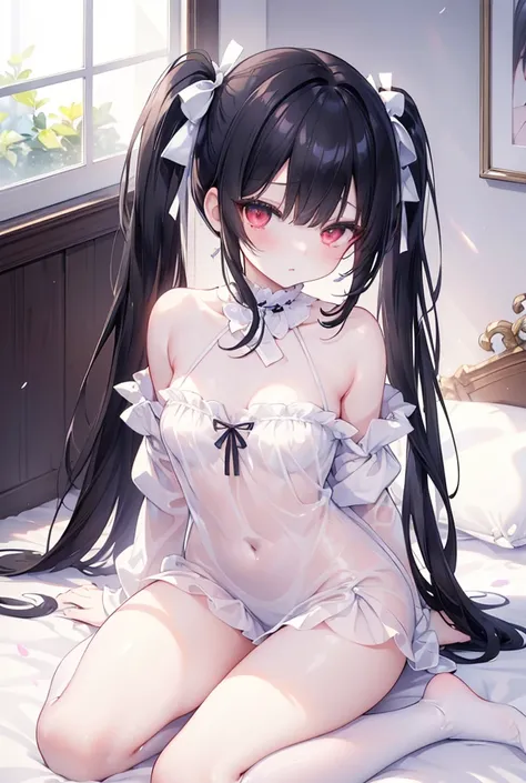 (Masterpiece)、Highest quality、Highest quality、High resolution、A beautiful girl with black hair in twin tails and bangs、Red Eyes、Cute eyes、Eyes with delicate irises、Bright highlights on eyes、White knee-high socks、On the bed、Inner thighs、Embarrassed expressi...