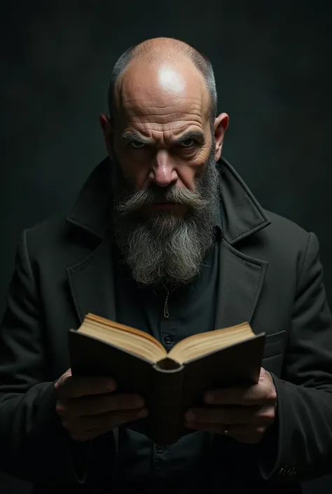 Homem careca barbudo com a biblia na mao. Dark. Misterious. 