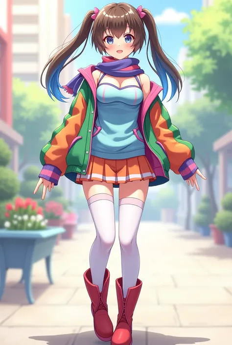 Make me an anime-style girl with a light blue and pink striped bra and panties, with a blue sweatshirt under a green jacket with orange and pink sleeves, with a purple and orange skirt, with a scarf blue and red color, with long white stockings, with paste...