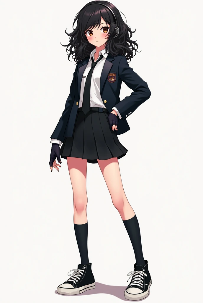 Teenage girl, curly black hair, dark brown eye,Caucasian skin,In a black skirt , Suit with tie, all star sneakers, Black gloves with fingers out,long black socks,Wired headset, アニメ 
